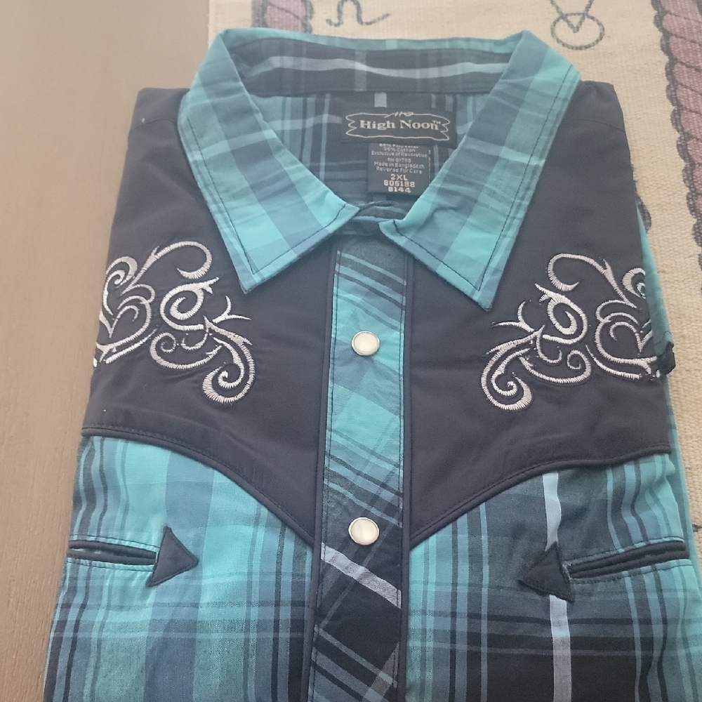 HIGH NOON Western Blue and Black Casual Button Down Shirt with Embroidery XXL